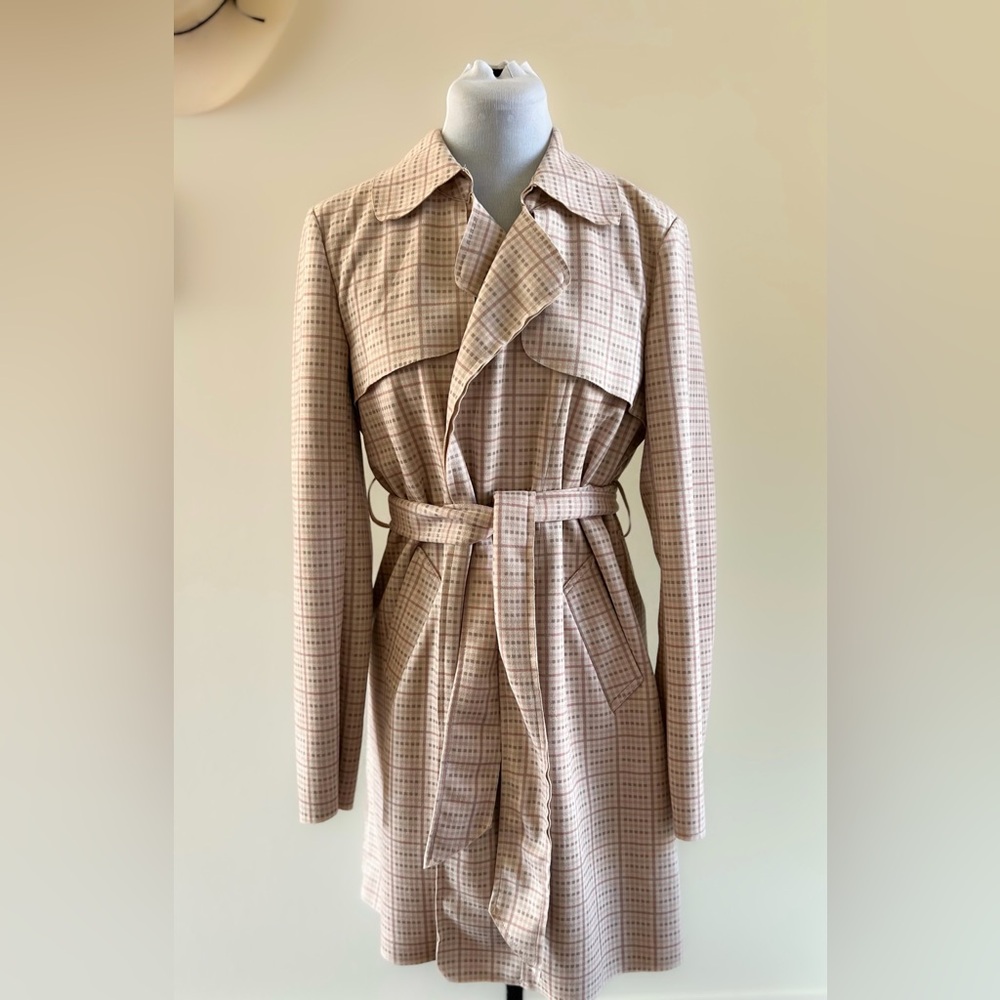 Anthropologie Solitaire Belted Plaid Houndstooth Faux SuedeTrench Coat, Size M